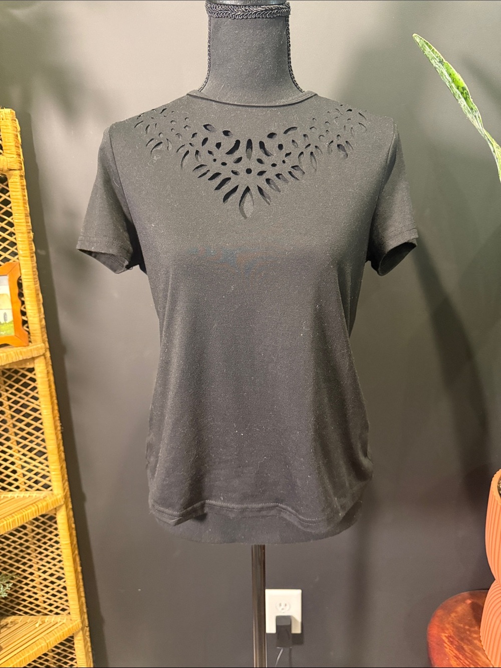 Black Women's Short Sleeve Top with Cutout Yoke